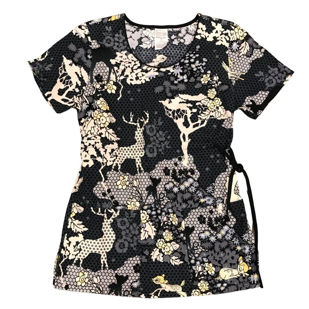 Disney XS Black White Bambi Short Sleeve Scrub Top Waist Tie Round Neck Uniform